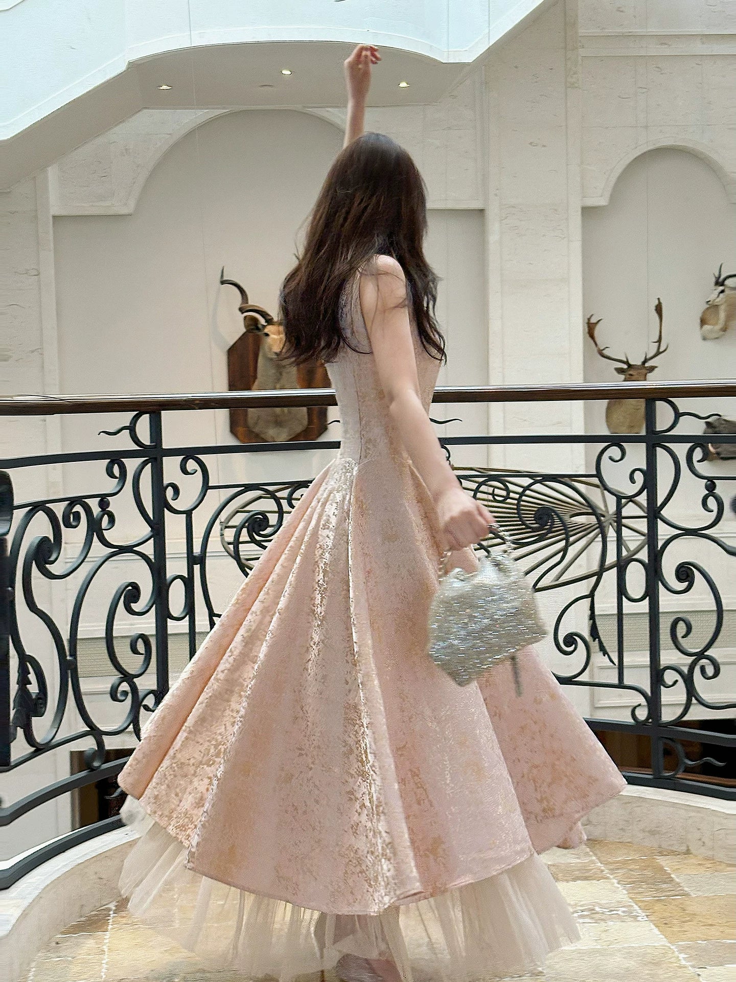 A Line Pink Printed Birthday Dress Long Homecoming Dress L141