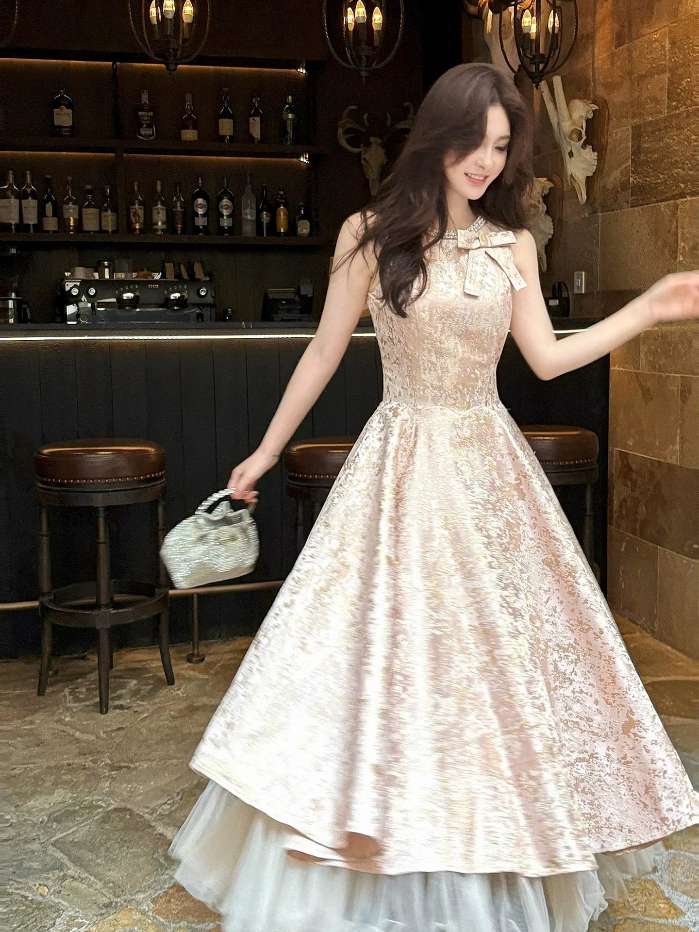 A Line Pink Printed Birthday Dress Long Homecoming Dress L141