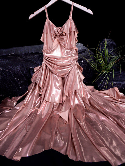 A Line Pink Ruffle Party Dress Tea Length Birthday Dress  P781