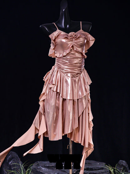 A Line Pink Ruffle Party Dress Tea Length Birthday Dress  P781