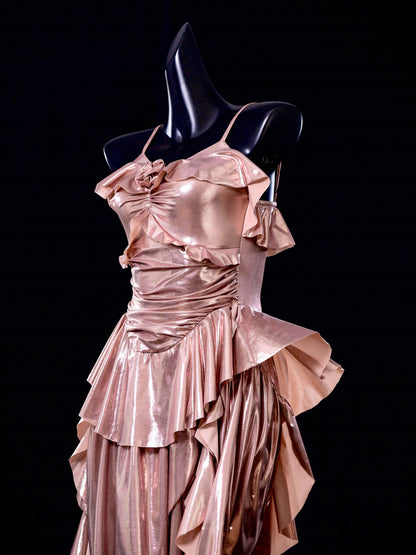 A Line Pink Ruffle Party Dress Tea Length Birthday Dress  P781