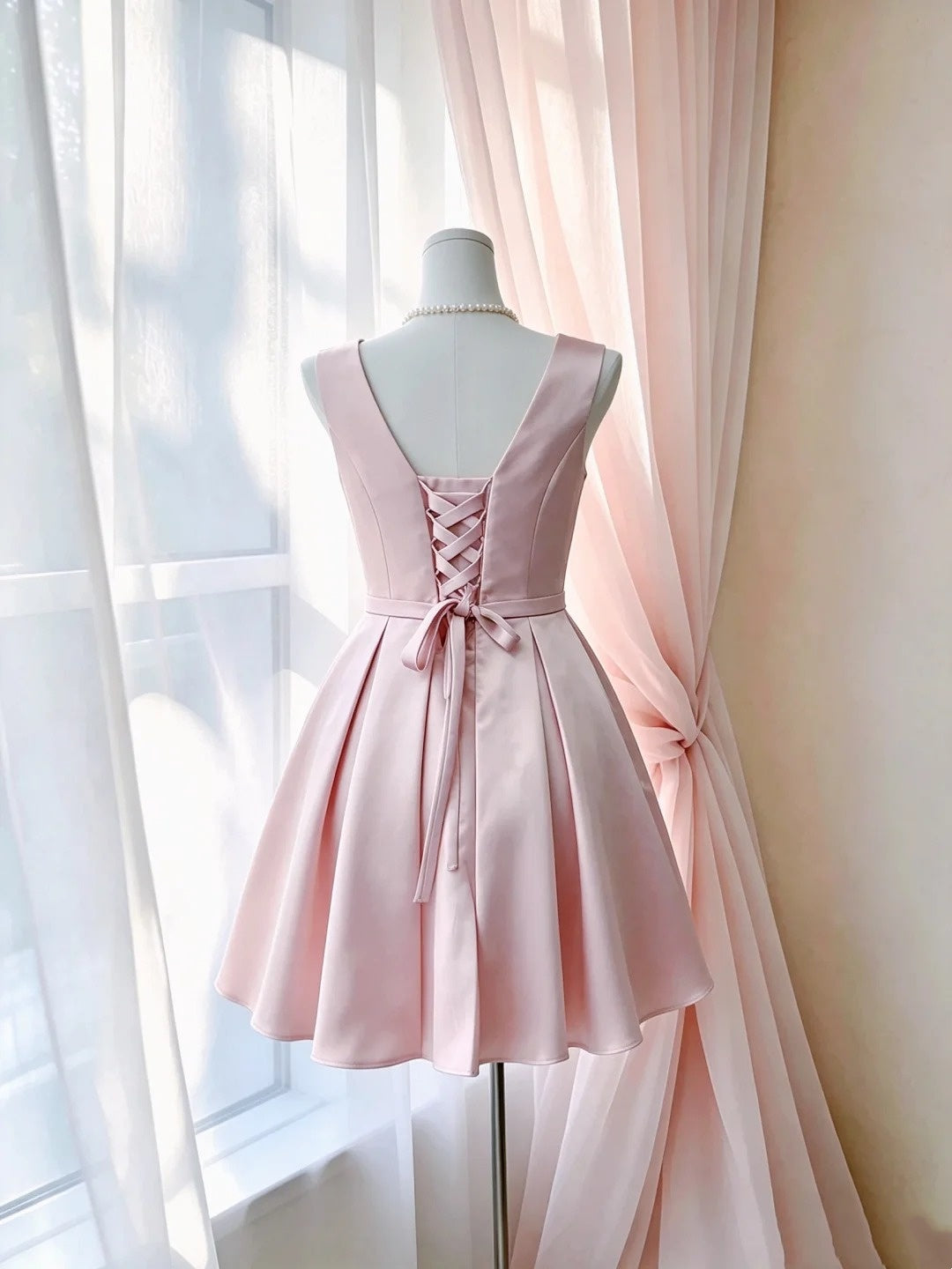 A Line Pink Satin Homecoming Dress Short Party Dress  P1717