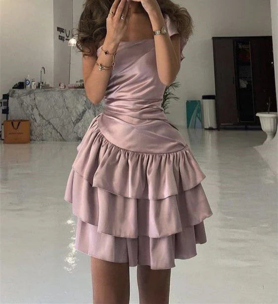 A Line Pink Satin Layered Homecoming Dress  P1339