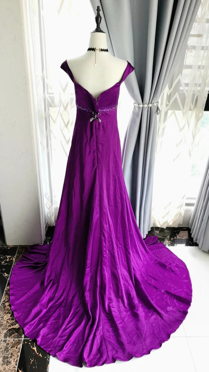 A Line Purple Satin Long Prom Dress Beaded Retro Evening Gown  P1720