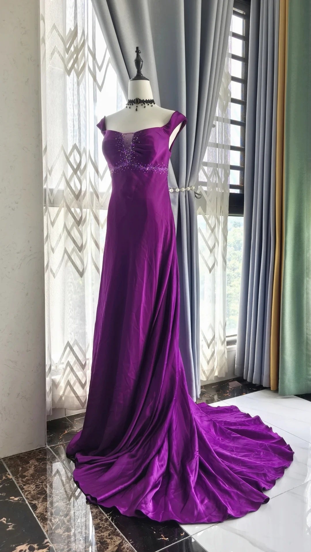 A Line Purple Satin Long Prom Dress Beaded Retro Evening Gown  P1720