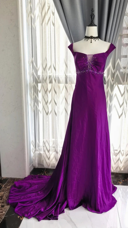 A Line Purple Satin Long Prom Dress Beaded Retro Evening Gown  P1720
