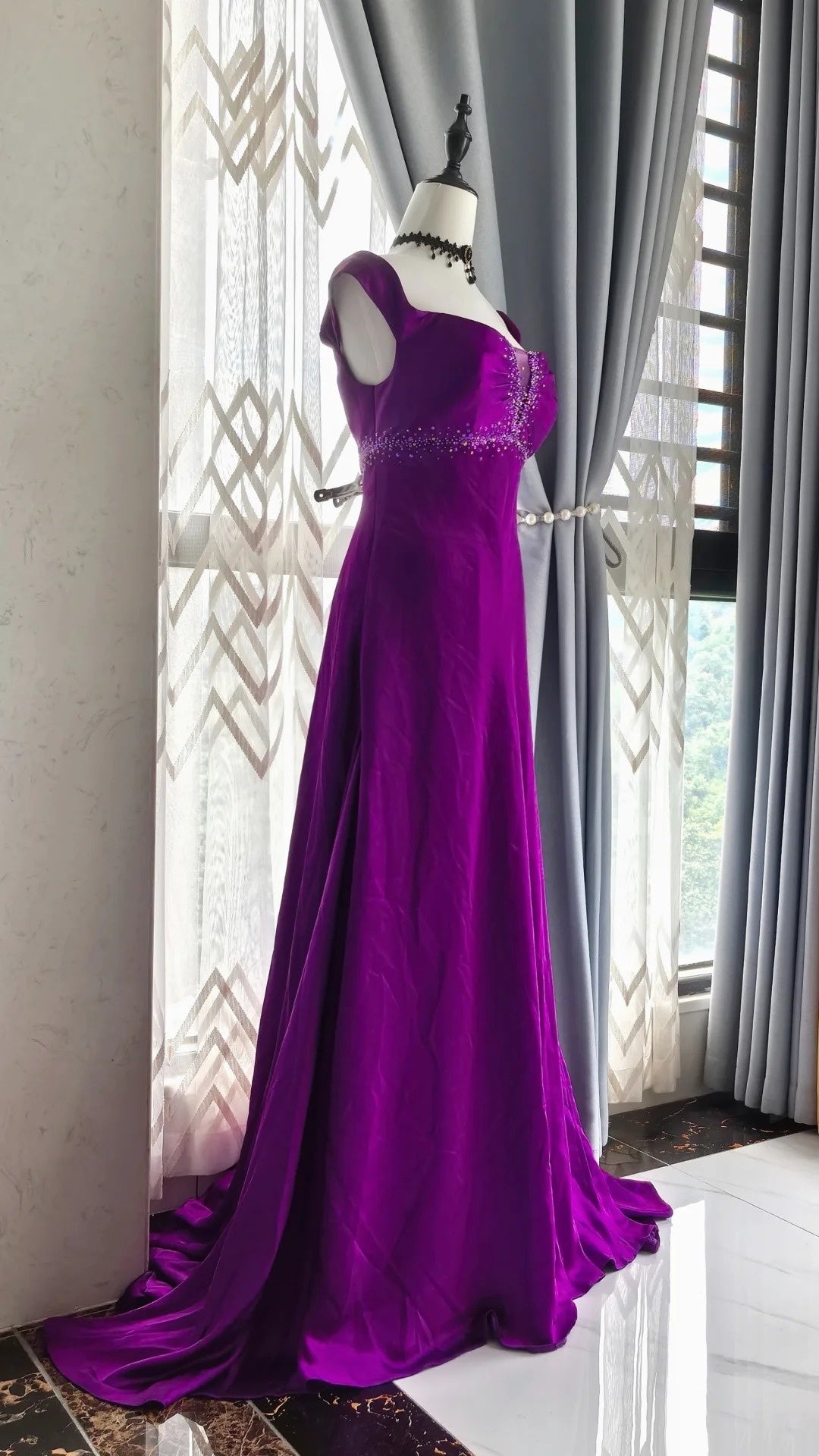 A Line Purple Satin Long Prom Dress Beaded Retro Evening Gown  P1720