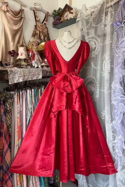 A Line Red Satin Formal Prom Dress With Bow Knot   P2075