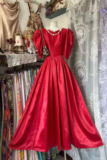 A Line Red Satin Formal Prom Dress With Bow Knot   P2075