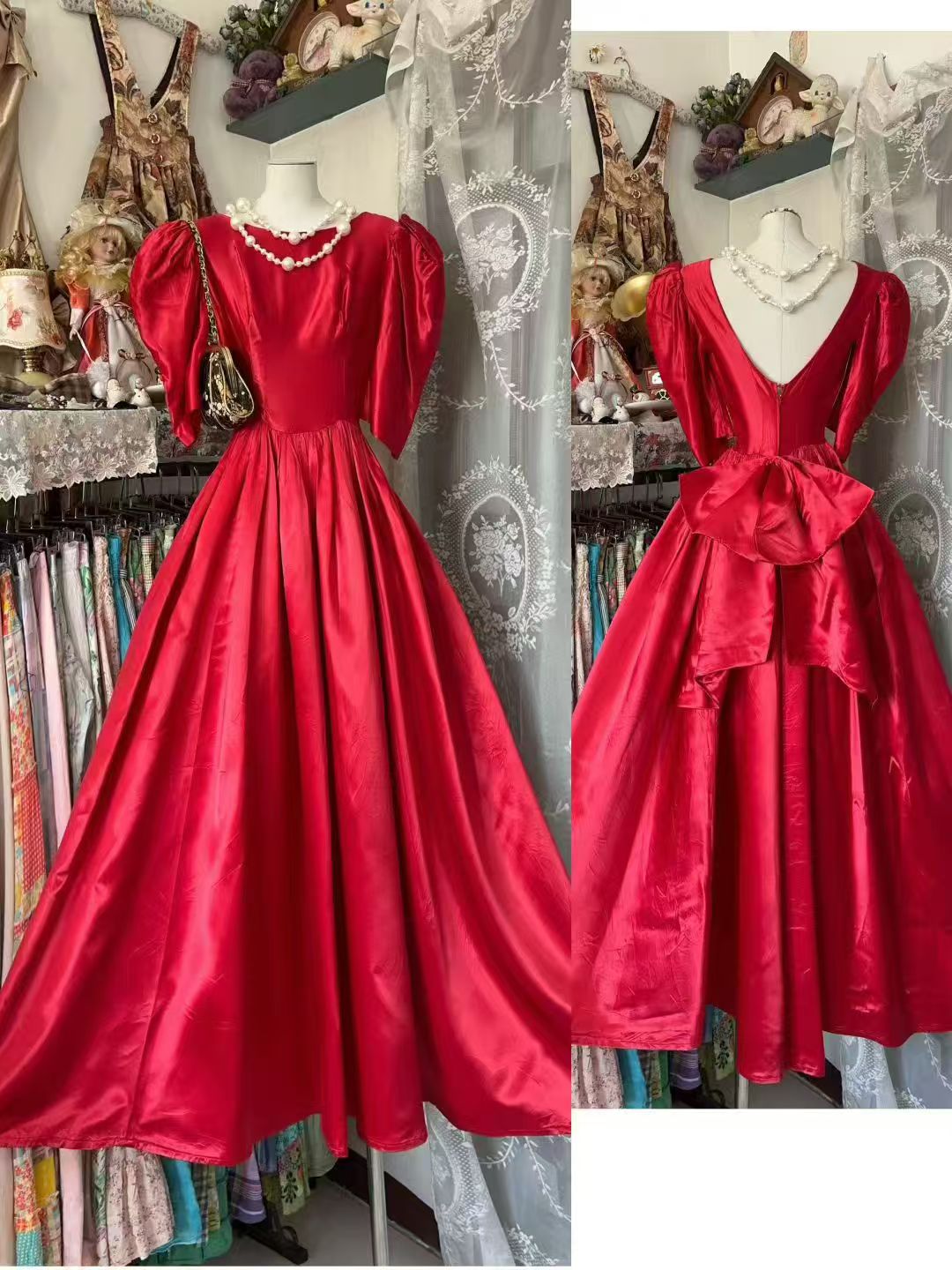 A Line Red Satin Formal Prom Dress With Bow Knot   P2075