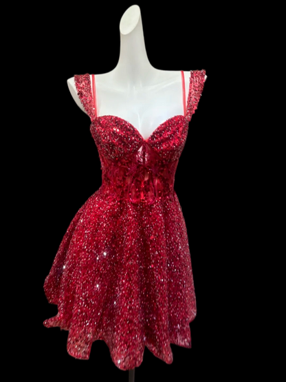 A Line Red Sequin Homecoming Dress Short Party Dress  P2617
