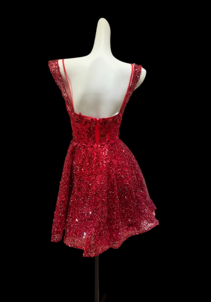 A Line Red Sequin Homecoming Dress Short Party Dress  P2617