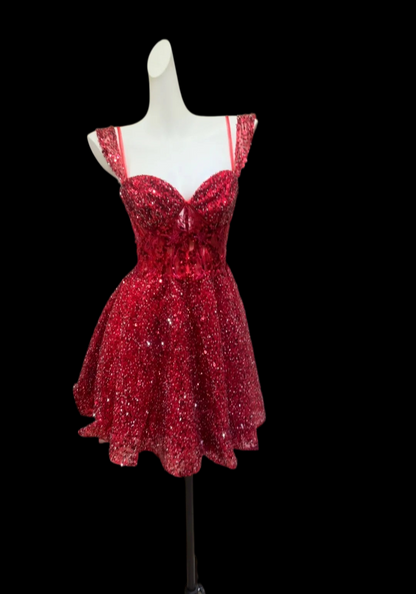 A Line Red Sequin Homecoming Dress Short Party Dress  P2617