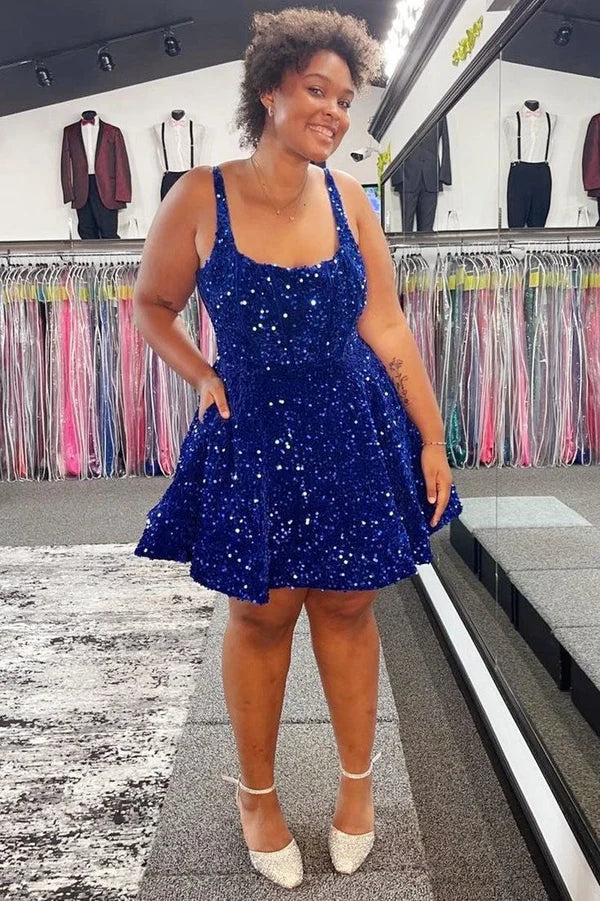 A Line Royal Blue Sequins Homecoming Dress Short Birthday Dress   P2102