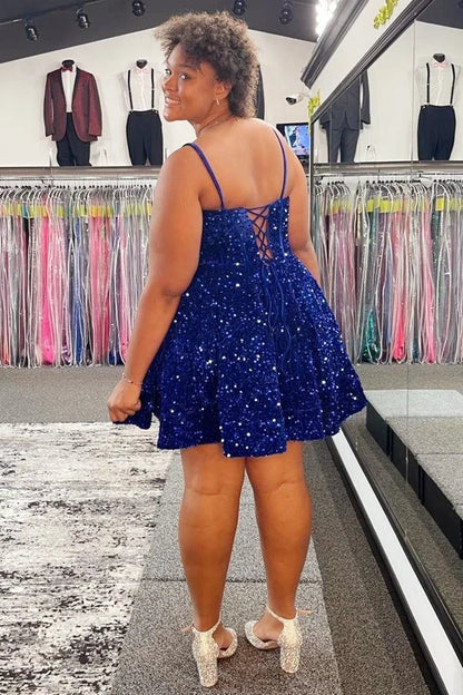 A Line Royal Blue Sequins Homecoming Dress Short Birthday Dress   P2102