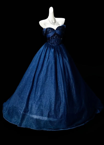 A Line Royal Blue Tulle Formal Prom Dress Sparkle Evening Dress  P1967