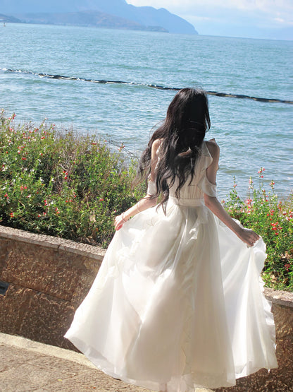 A Line Ruffled Wedding Dress Sleeveless Bridal Dress  P1284