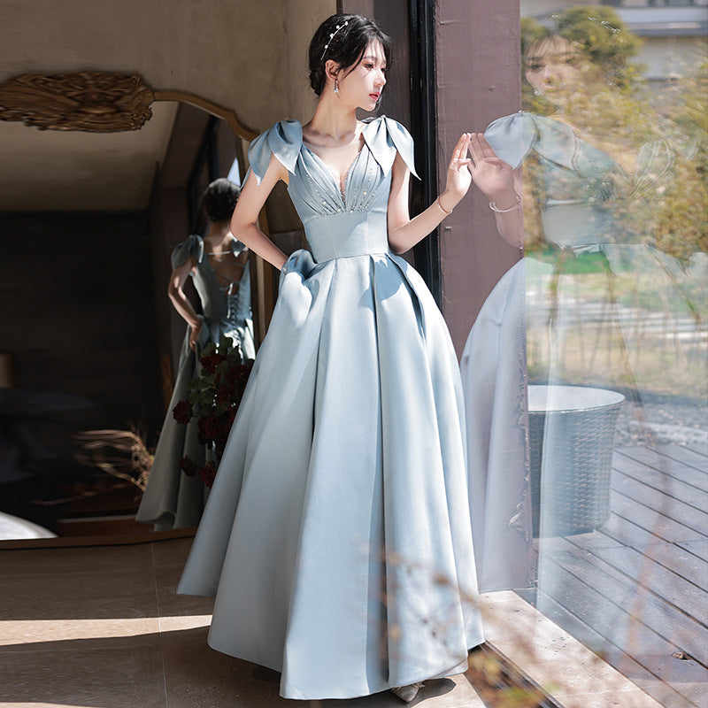 A Line Satin Blue Prom Dress Beaded Evening Gown   P1227