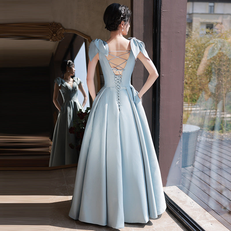 A Line Satin Blue Prom Dress Beaded Evening Gown   P1227
