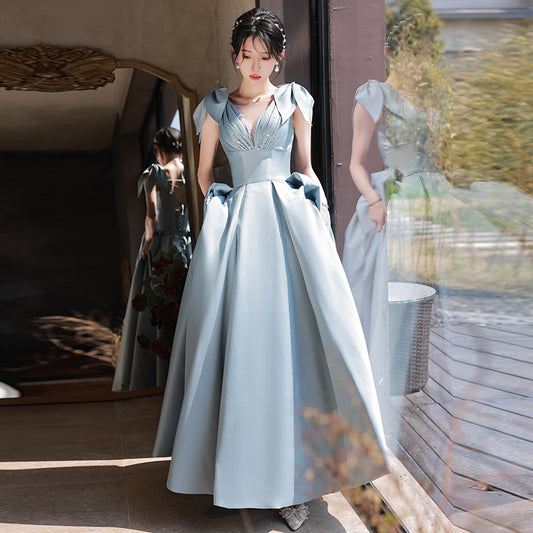 A Line Satin Blue Prom Dress Beaded Evening Gown   P1227