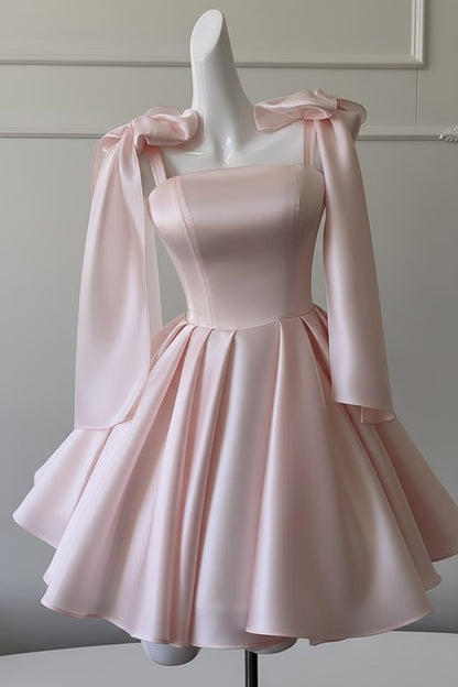 A Line Satin Short Birthday Dress With Bow Knot Straps  P2341