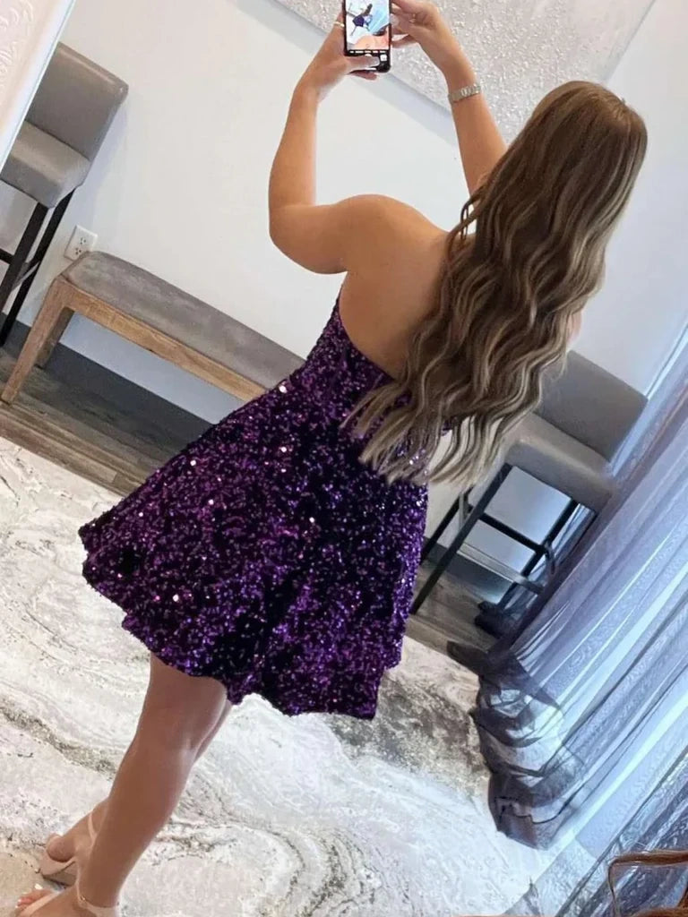 A Line Sequins Sweetheart Purple Homecoming Dresses  P2320