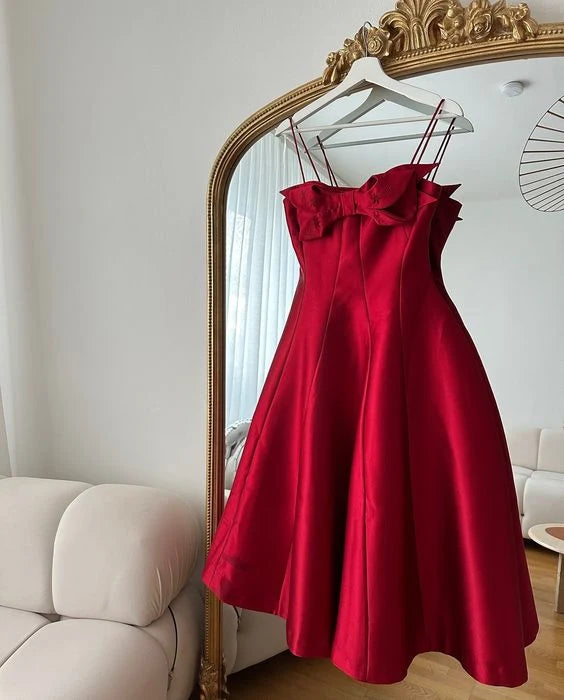 A Line Spaghetti Straps Red Homecoming Dress With Bow Knot  P2362