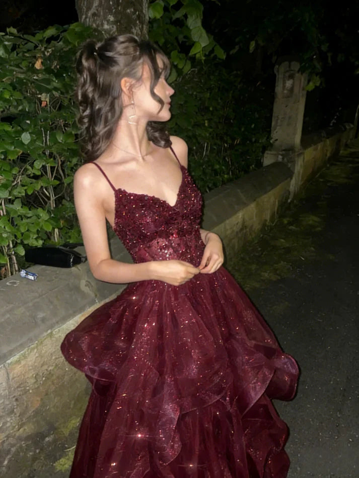 A Line Sparkle Navy Blue Tulle Long Prom Dress Party Dress  P1073