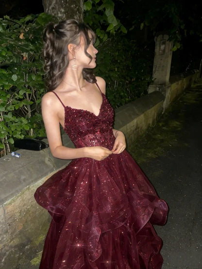 A Line Sparkle Navy Blue Tulle Long Prom Dress Party Dress  P1073