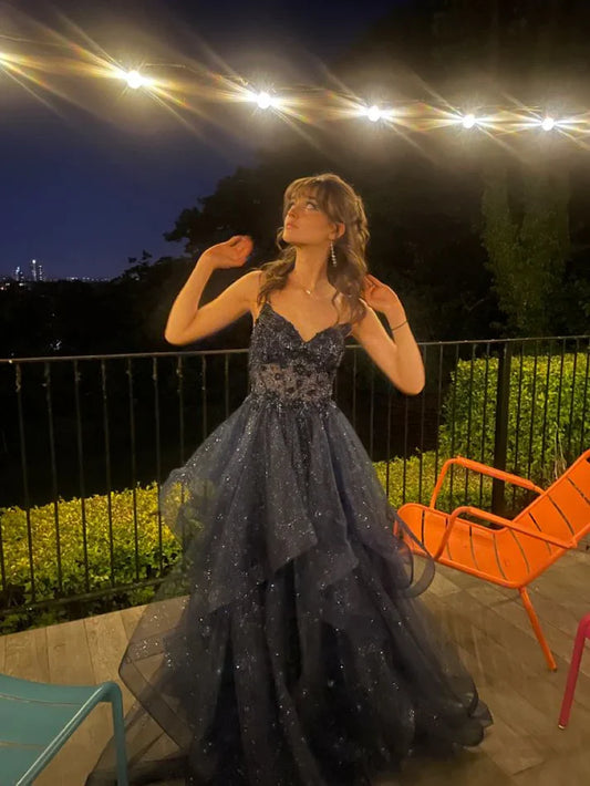 A Line Sparkle Navy Blue Tulle Long Prom Dress Party Dress  P1073