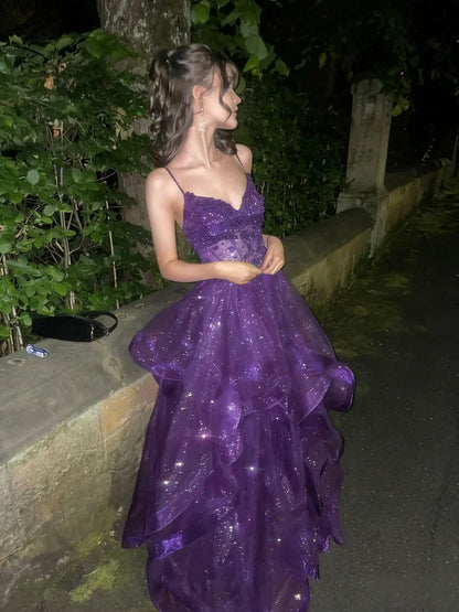 A Line Sparkle Navy Blue Tulle Long Prom Dress Party Dress  P1073