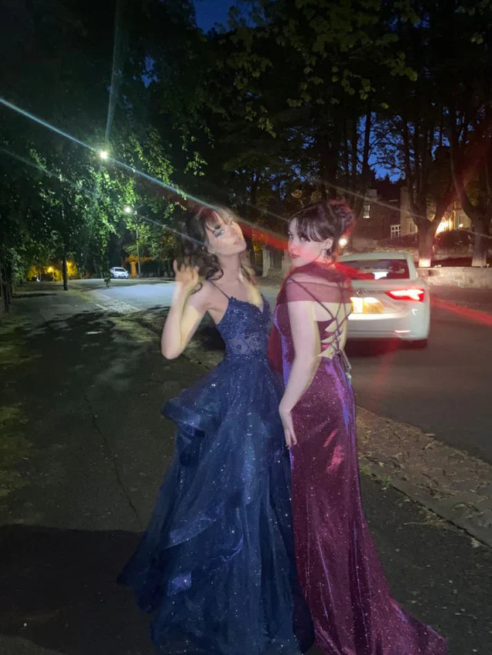 A Line Sparkle Navy Blue Tulle Long Prom Dress Party Dress  P1073