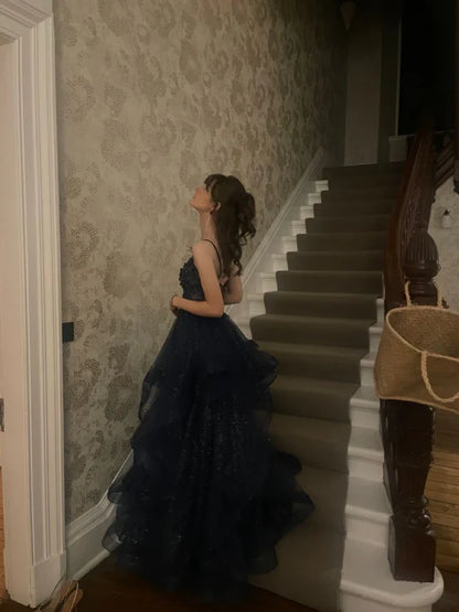 A Line Sparkle Navy Blue Tulle Long Prom Dress Party Dress  P1073