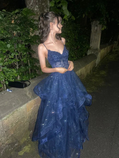 A Line Sparkle Navy Blue Tulle Long Prom Dress Party Dress  P1073