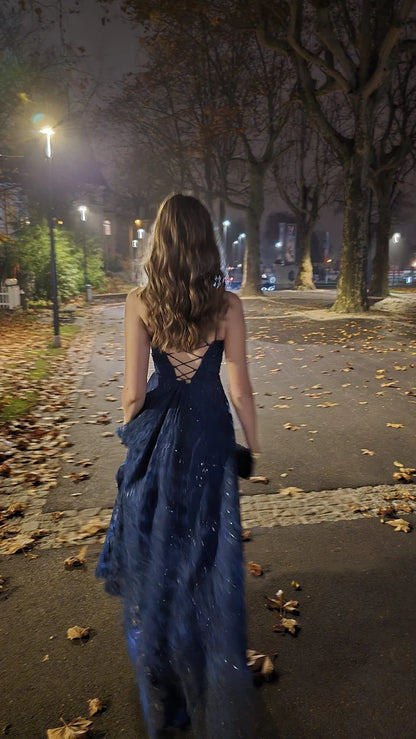 A Line Sparkle Navy Blue Tulle Long Prom Dress Party Dress  P1073