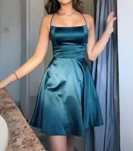 A Line Stain Teal Homecoming Dress Short Party Dress  P1572