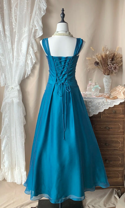 A Line Teal Formal Prom Dress Satin Ruffled Evening Dress  P1381