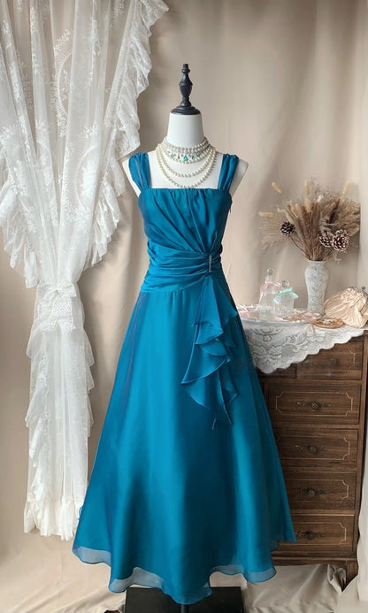 A Line Teal Formal Prom Dress Satin Ruffled Evening Dress  P1381
