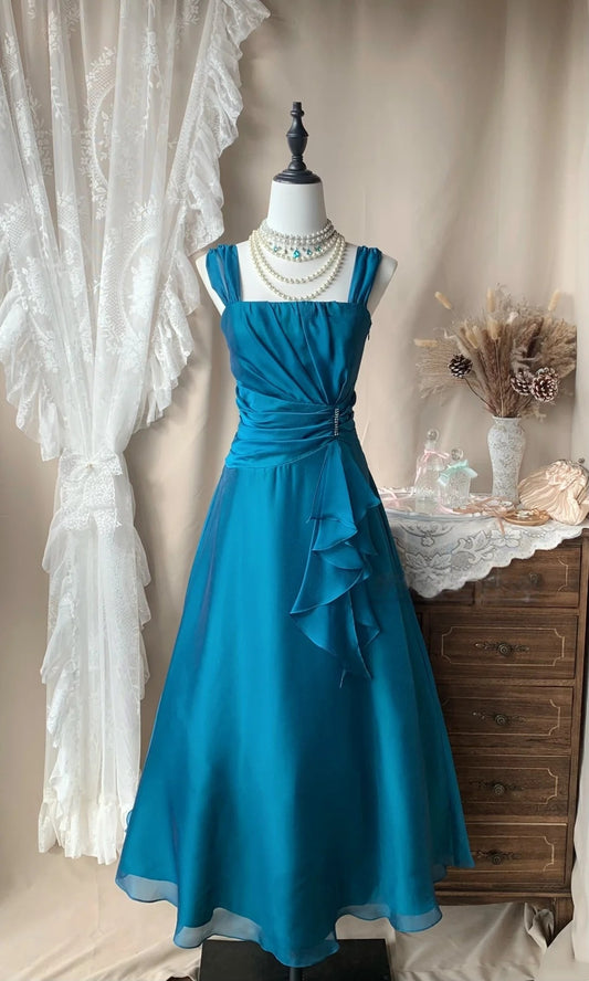 A Line Teal Formal Prom Dress Satin Ruffled Evening Dress  P1381
