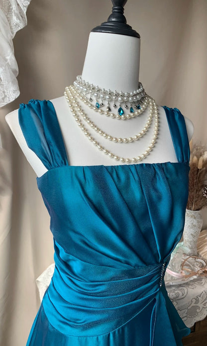 A Line Teal Formal Prom Dress Satin Ruffled Evening Dress  P1381