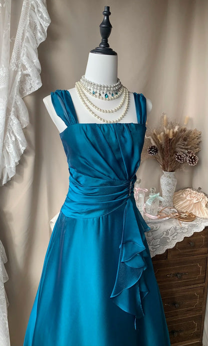 A Line Teal Formal Prom Dress Satin Ruffled Evening Dress  P1381