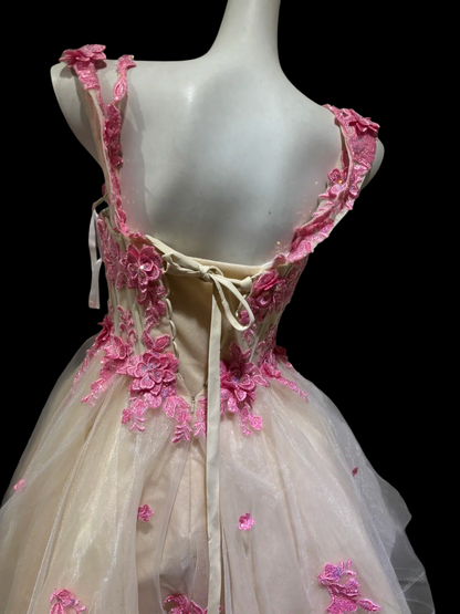 A Line Tulle Beige Short Homecoming Dress With Pink Appliques  P1691