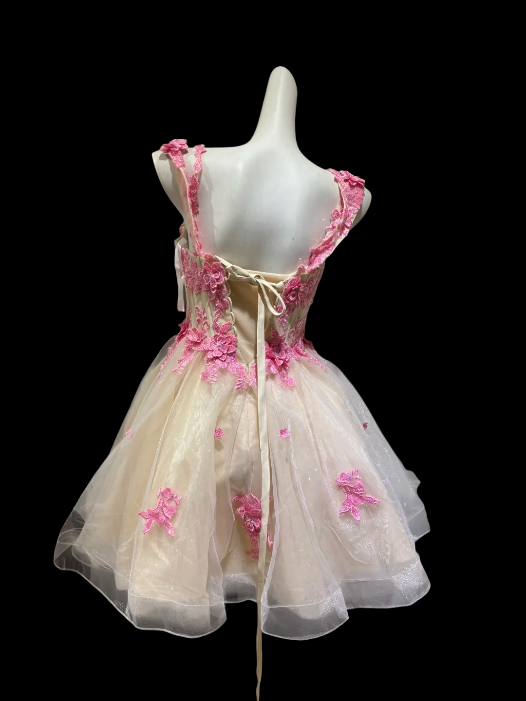 A Line Tulle Beige Short Homecoming Dress With Pink Appliques  P1691