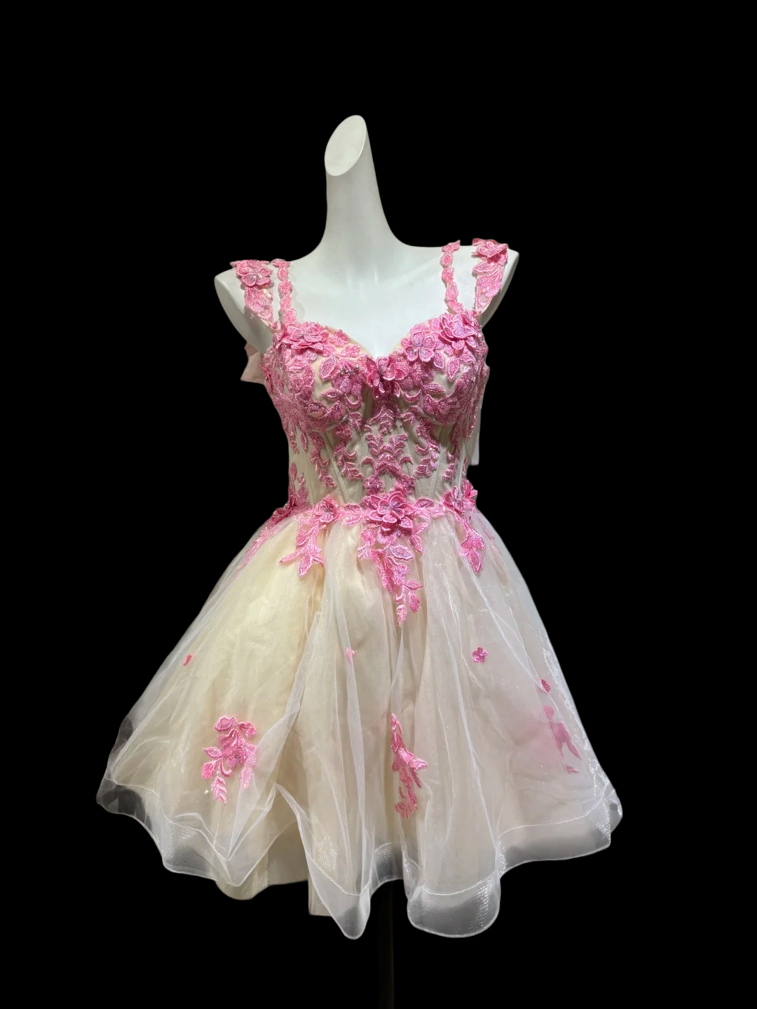 A Line Tulle Beige Short Homecoming Dress With Pink Appliques  P1691