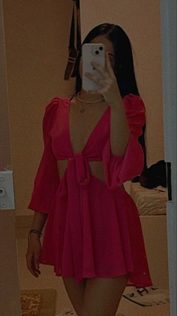 A Line V Neck Hot Pink Homecoming Dresses Sexy Mini Party Dress  P2363