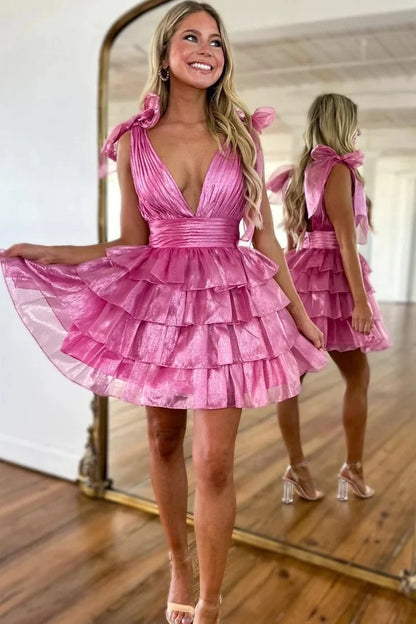 A Line V Neck Ruffle Pink Short Homecoming Dresses With Bow Straps  P2374