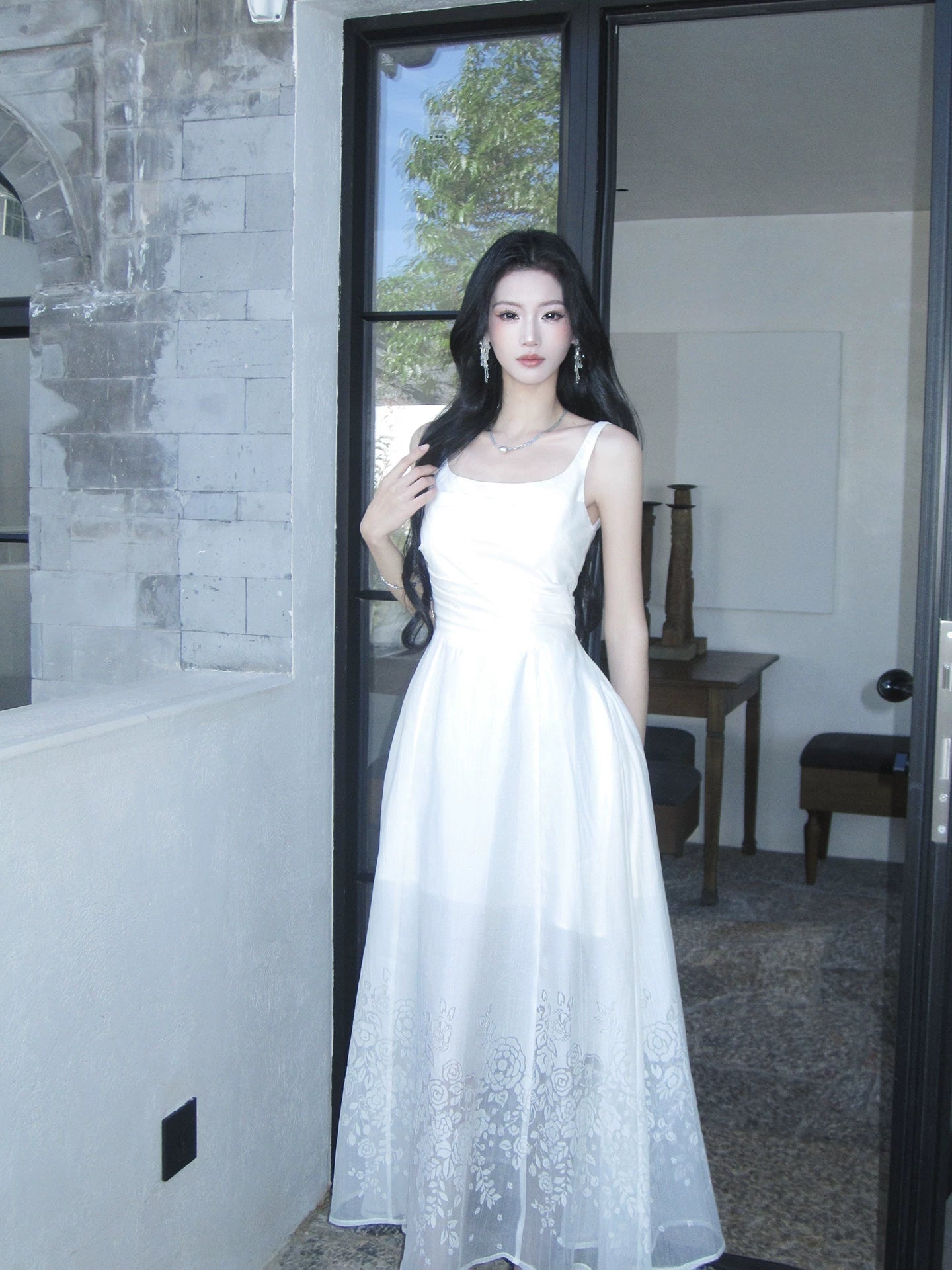 A Line White Satin Wedding Dress Embroidery Birthday Dress  L154