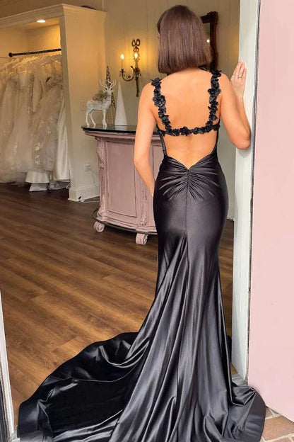 Applique Straps Satin Black Mermaid Prom Dress With Slit  P744