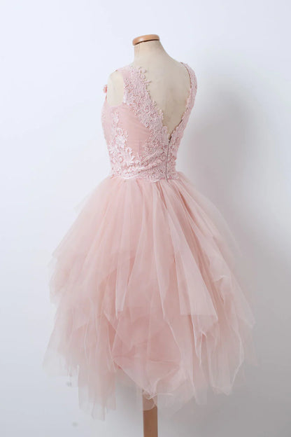 Appliqued V Neck Pink Tulle Homecoming Dress   P2156