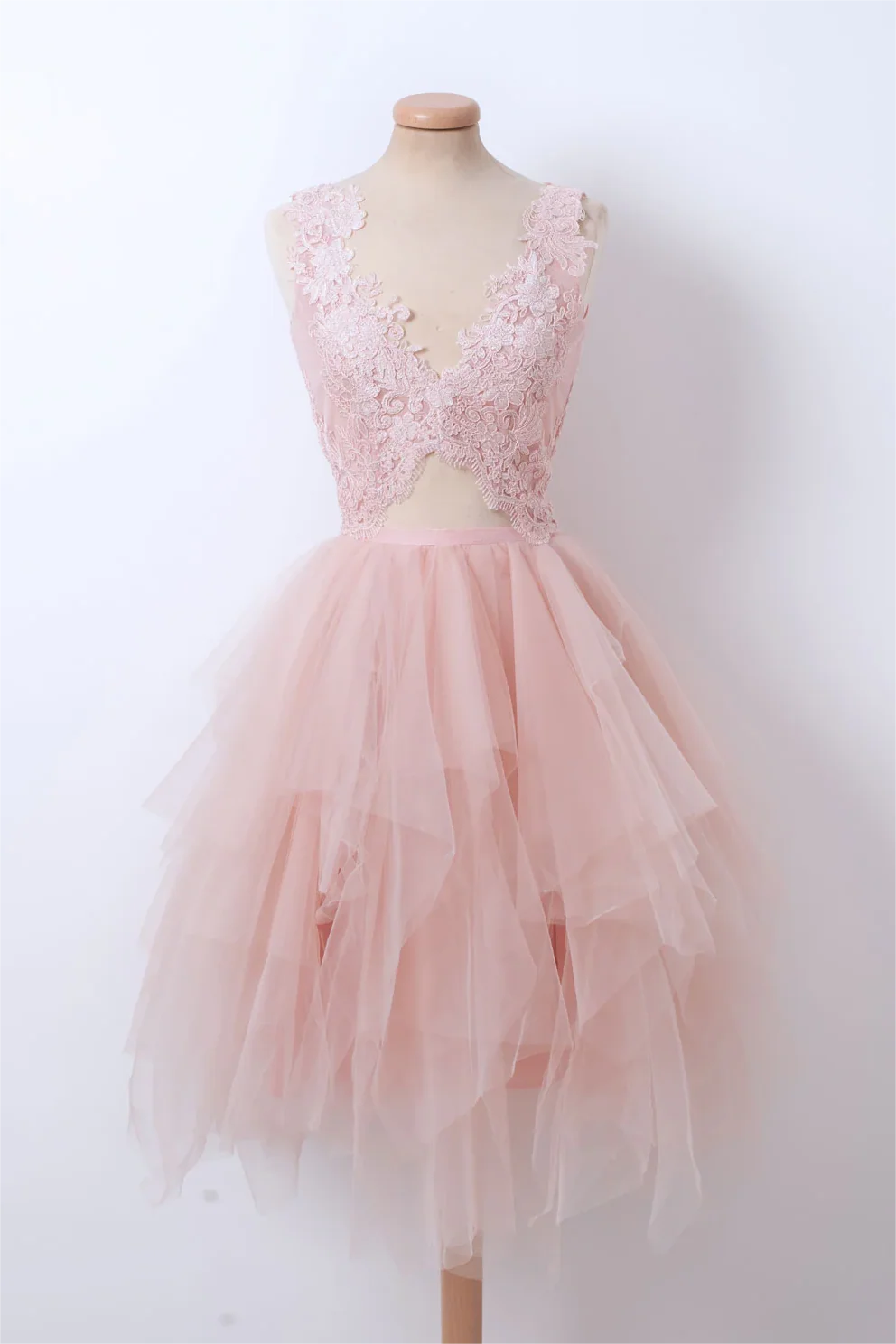 Appliqued V Neck Pink Tulle Homecoming Dress   P2156